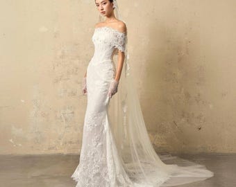 Vestido de novia estilo occidental con encaje de sirena y hombros descubiertos, elegante vestido de novia ajustado con cola, hecho a medida