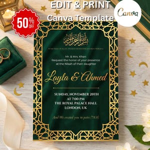 May include: A green and gold wedding invitation template with the names "Layla & Ahmed". The invitation includes the date, time, and location of the event. The Canva template has a 50% off promotion.