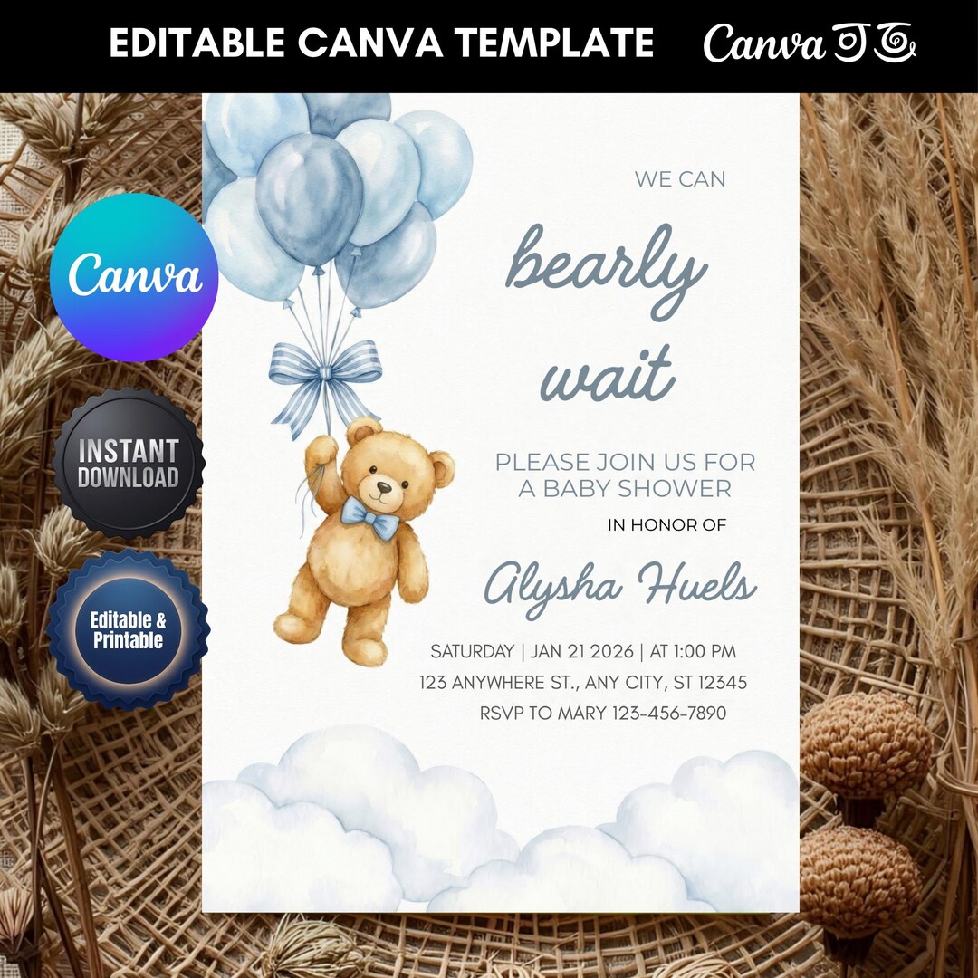 We Can Bearly Wait Baby Shower Invitation, Teddy Bear Boy Editable ...