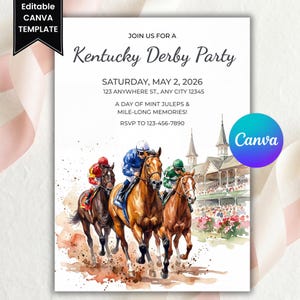 Puede incluir: Una invitación blanca con el texto "Kentucky Derby Party" e ilustraciones de acuarela de caballos de carreras. La invitación incluye detalles del evento: fecha, hora, lugar e información de RSVP. El logotipo de Canva está en la esquina inferior derecha.