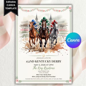 Kentucky Derby Watch Party Invitation – Horse Racing Theme, Editable Canva Template (Digital Download)