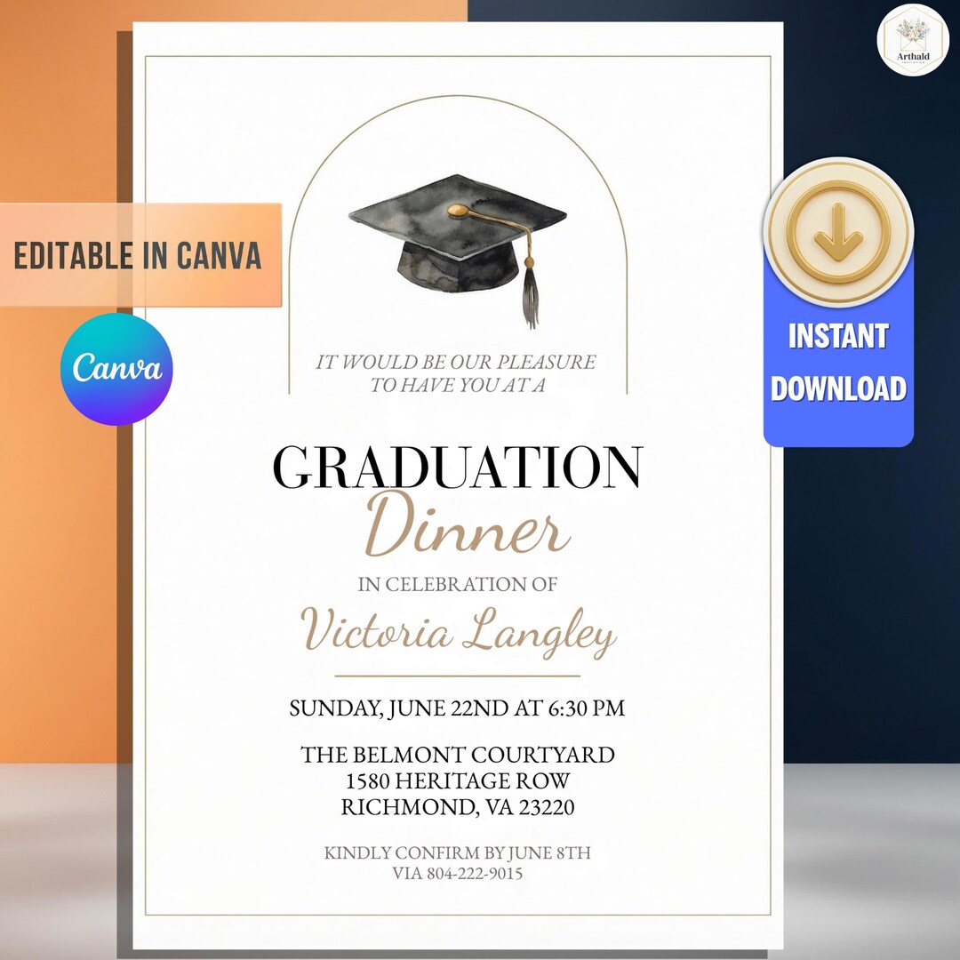 Graduation Dinner Invitation Template | Gold Watercolor Mortarboard ...