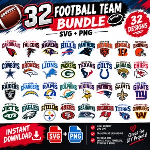 May include: A digital graphic bundle featuring 32 professional football team logos in SVG and PNG formats. The image displays a brown football, the text 32 FOOTBALL TEAM BUNDLE, and a red circle with 32 DESIGNS. Includes team names and logos.