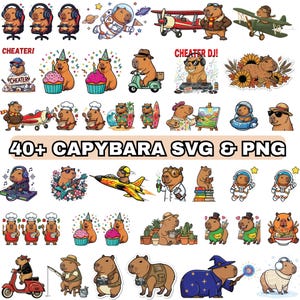 Puede incluir: Una colección de más de 40 imágenes SVG y PNG de carpinchos. Las ilustraciones representan carpinchos en diversas situaciones, como usando auriculares, en el espacio y montando una moto. También está presente el texto "40+ CAPYBARA SVG & PNG".