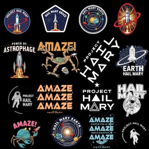 Może przedstawiać: Kolekcja kolorowych grafik o tematyce kosmicznej na czarnym tle. Projekty obejmują rakiety, planety, astronaut&oacute;w i tekst, taki jak "Project Hail Mary" i "Amaze!" w r&oacute;żnych stylach.