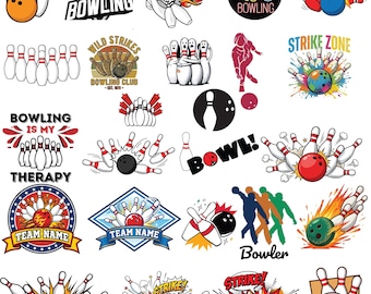 Pakiet 20+ obrazów PNG SVG z motywem kręgli, logo drużyny kręglarskiej, projekt kuli do kręgli Strike, pakiet PNG z motywem kręgli, grafika na koszulkę do kręgli, pobieranie sublimacji
