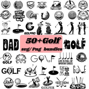 Puede incluir: Una colección de diseños gráficos digitales en blanco y negro con temas de golf, incluyendo pelotas, palos, bolsas, banderas y siluetas de personas jugando golf. El texto central dice 50+ Golf svg/Png bundles en estilo de fuente negrita.