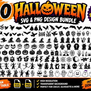 May include: A digital collection of 150 Halloween SVG and PNG design files featuring black silhouettes of pumpkins, ghosts, bats, witches, skulls, and haunted houses on a white background with orange and black text headers.
