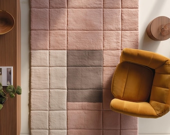 Plush Geometric Area Rug • Pink & Neutral Tufted Minimalist Carpet