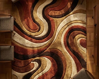 Mid Century Modern Shag Rug, Retro Wavy Area Rug, Earth Tone Abstract Swirl Carpet for Cozy Living Rooms
