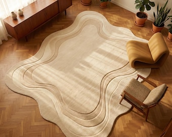 Tappeto scultoreo in lana, forma irregolare organica, tappeto moderno neutro