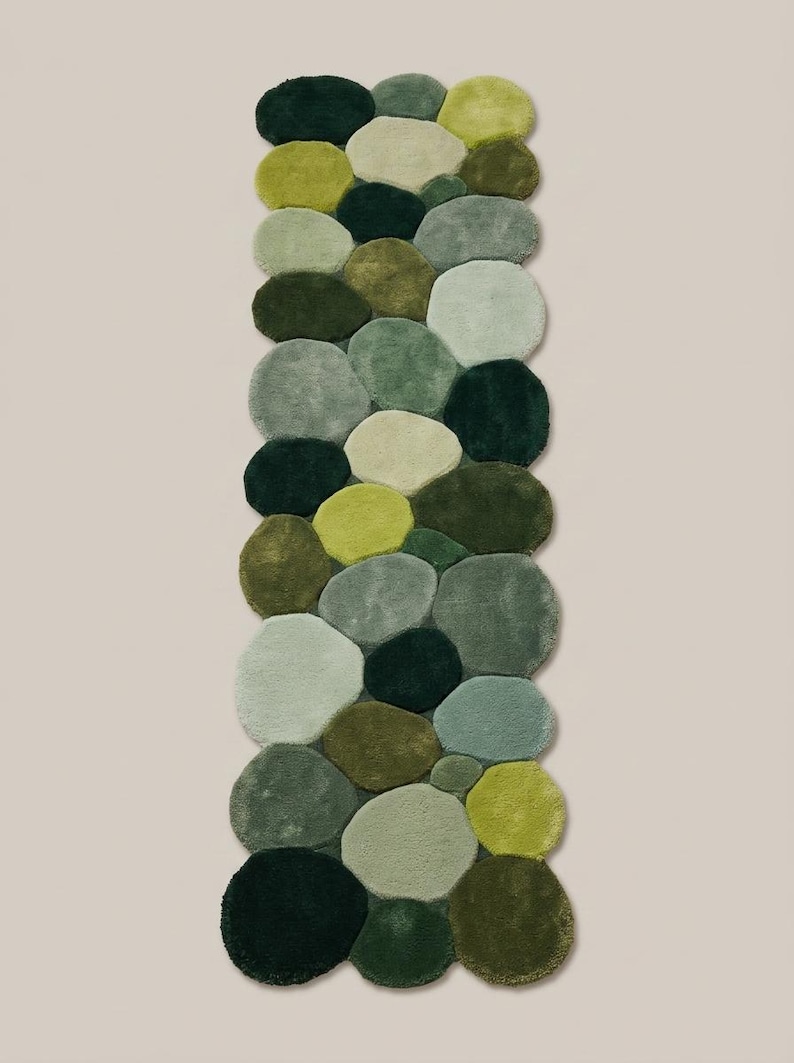 Moss Green Pebble Runner Rug, Hand Tufted Wool Stone Shape Hallway ...