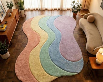 Pastel Wavy Shag Area Rug, Modern Boho Floor Decor