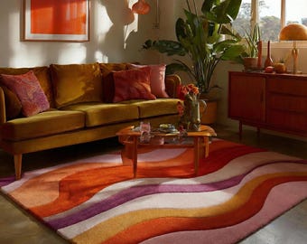 Retro Wavy Area Rug | 70s Tufted Wool Rug, Groovy Colorful Abstract Carpet, Mid Century Modern, Rugs For Living Room, Warm Orange Pink Rug