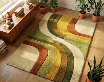Retro Boho Area Rug, Abstract Wavy Shag Rug, Mid Century Modern Carpet, Earth Tone Plush Living Room Rug Decor