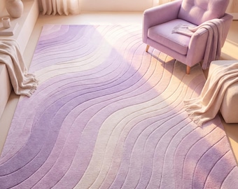 Hand Tufted Rug Lavender Wave Modern Area Rug, Abstract Pastel Carpet for Bedroom Living Room, Soft Lilac Sculpted Wool Rug