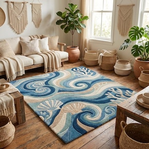 Coastal beach house rug placed in a modern living room with wooden furniture and ocean inspired decor showing full ocean wave pattern area rug