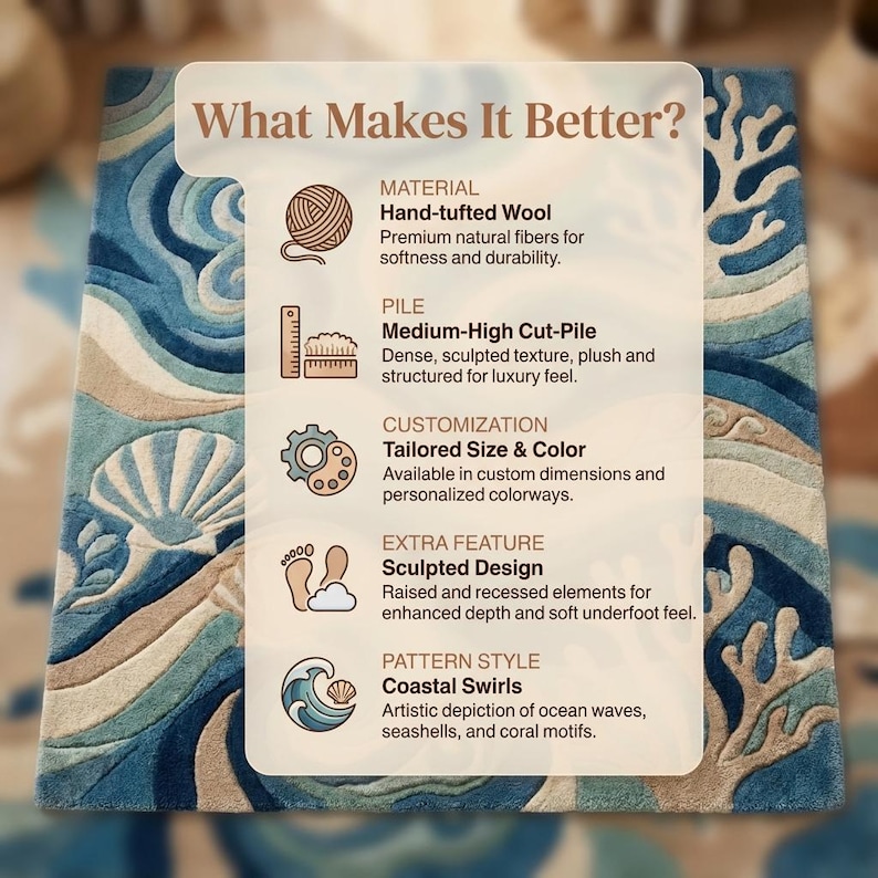 May include: A hand-tufted wool rug with a coastal swirls pattern. The rug features a medium-high cut-pile and sculpted design, with a color palette of blues, beige, and white. The rug's design includes ocean waves, seashells, and coral motifs.