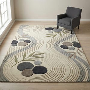 May include: A beige area rug with a zen garden design. The rug features gray and blue wave patterns, with groupings of gray and brown stones and green and brown leaf accents. A gray armchair sits on the edge of the rug.