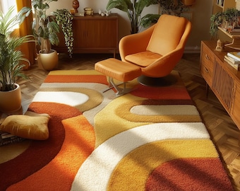 Retro 70s Shag Rug, Orange & Mustard, Mid Century Modern Decor