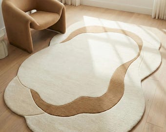 Abstract Neutral Area Rug, Organic Shape Plush Modern Boho Living Room Decor