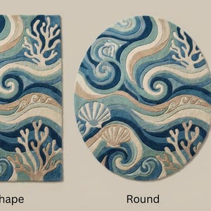 Coastal Ocean Wave Rug, Seashell Coral Area Rug, Beach House Decor Rug, Nautical Living Room Rug, Ocean Nursery Rug, Coastal Home Carpet image 8