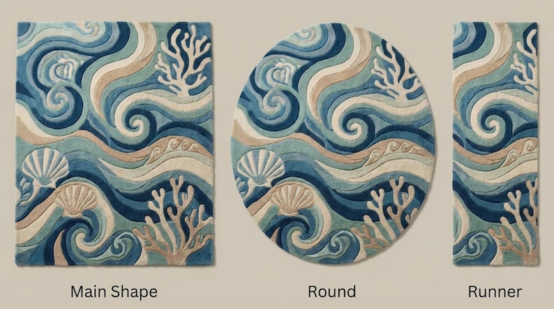 Coastal Ocean Wave Rug, Seashell Coral Area Rug, Beach House Decor Rug, Nautical Living Room Rug, Ocean Nursery Rug, Coastal Home Carpet image 8