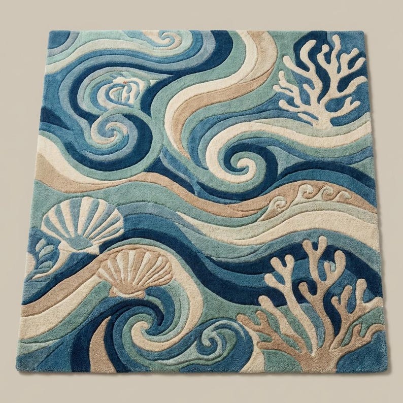 Top down view of ocean wave area rug featuring seashell and coral reef patterns with flowing coastal colors in blue teal and beige nautical style rug design