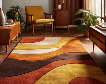 Retro Area 70s Rug • Mid Century Modern Rug • Groovy Abstract Tufted Carpet • Vintage Handcrafted Rug • Warm Color Rug • Boho Geometric Rug