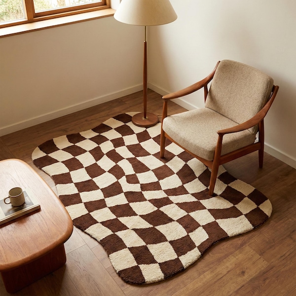 Wavy Checkerboard Rug Brown Cream Modern Area Rug Plush Retro Scandinavian Living Room Carpet Minimalist Home Decor