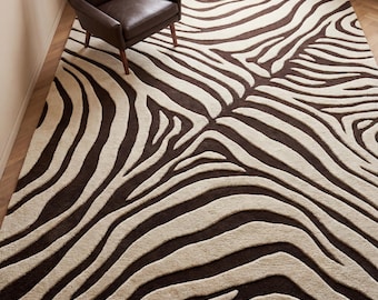 Zebra Print Area Rug Brown Cream Modern Animal Pattern Plush High Pile Statement Living Room Carpet Safari Inspired Home Decor
