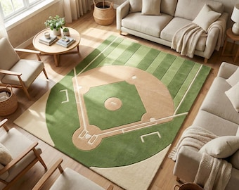 Baseball Field Area Rug for Kids Room or Nursery, Modern Sports Playroom Rug, Neutral Green Home Decor