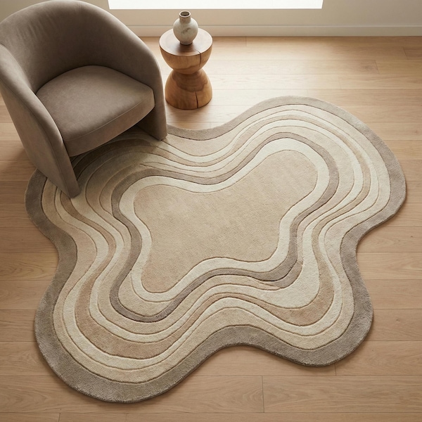 Organic Abstract Area Rug, Modern Neutral Irregular Shaped Beige Carpet, Japandi Topographic Sculpted Plush Living Room Accent Rug