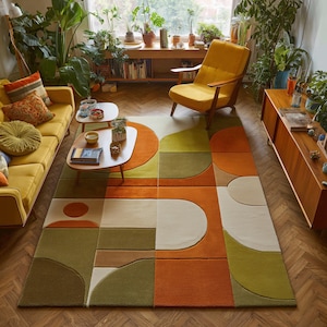 Modern tapijt uit het midden van de eeuw • Retro geometrisch oranje olijfgroen abstract tapijt