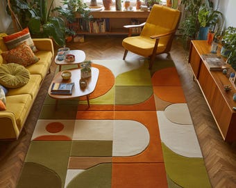 Mid-Century Modern Rug • Retro Geometric Orange Olive Abstract Carpet