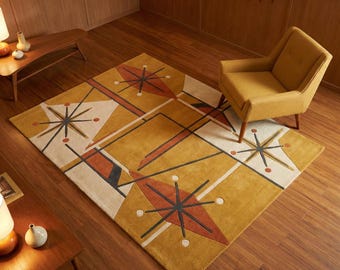 Mid Century Modern Rug Atomic Starburst Hand Tufted Wool Area Rug, Retro Mustard Yellow Decor, 1950s Custom Carpet