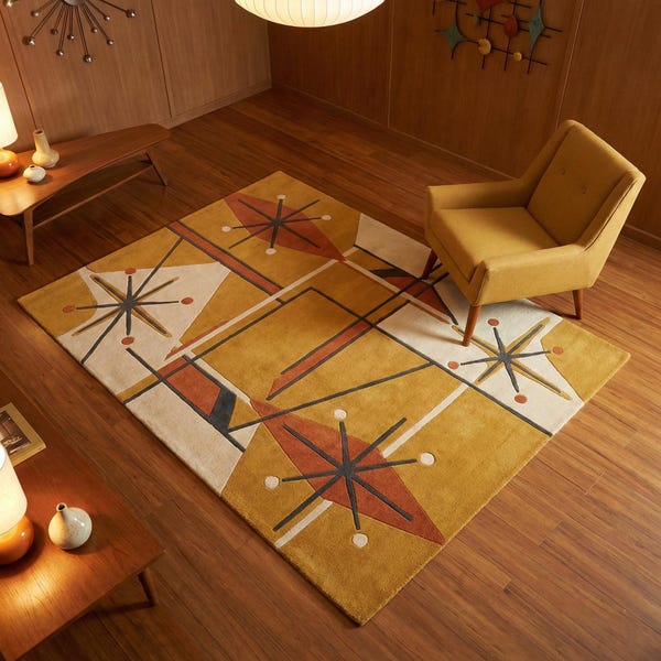Tappeto moderno di metà secolo, Atomic Starburst, tappeto in lana annodato a mano, decoro retrò giallo senape, tappeto personalizzato anni '50