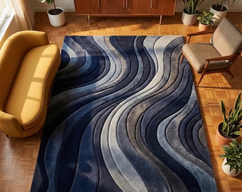 Mid Century Modern Blue Abstract Area Rug, Sculpted Wave Pattern Carpet, Contemporary Living Room Rug, Mid Century Home Decor