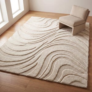 Hand Tufted Rug Ivory Modern Abstract Wool Rug, Neutral Minimalist Area Rug, Carved Texture Living Room Bedroom Decor