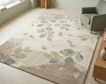 Botanical Area Rug Neutral Modern Leaf Carpet Soft Green Beige Living Room Decor