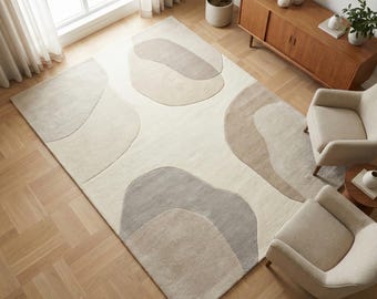 Abstrakt neutral matta, modern minimalistisk vardagsrumsmatta, beige krämfärgad organisk formad matta för heminredning