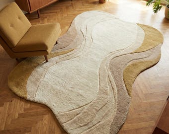 Tappeto dalla forma irregolare, tappeto da soggiorno in peluche astratto neutro moderno organico