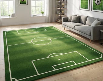 Hand Tufted Wool Soccer Rug, Football Field Carpet, Kids Playroom Decor, Sports Bedroom Mat, Modern Game Room Area Rug