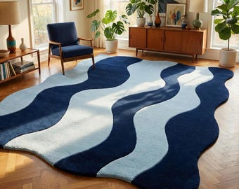 Gewellter Marine & Hellblauer Teppich | Moderner Abstrakter Teppich