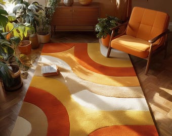 Retro Wavy Area Rug – 70s Mid Century Modern, Orange Mustard Home Decor