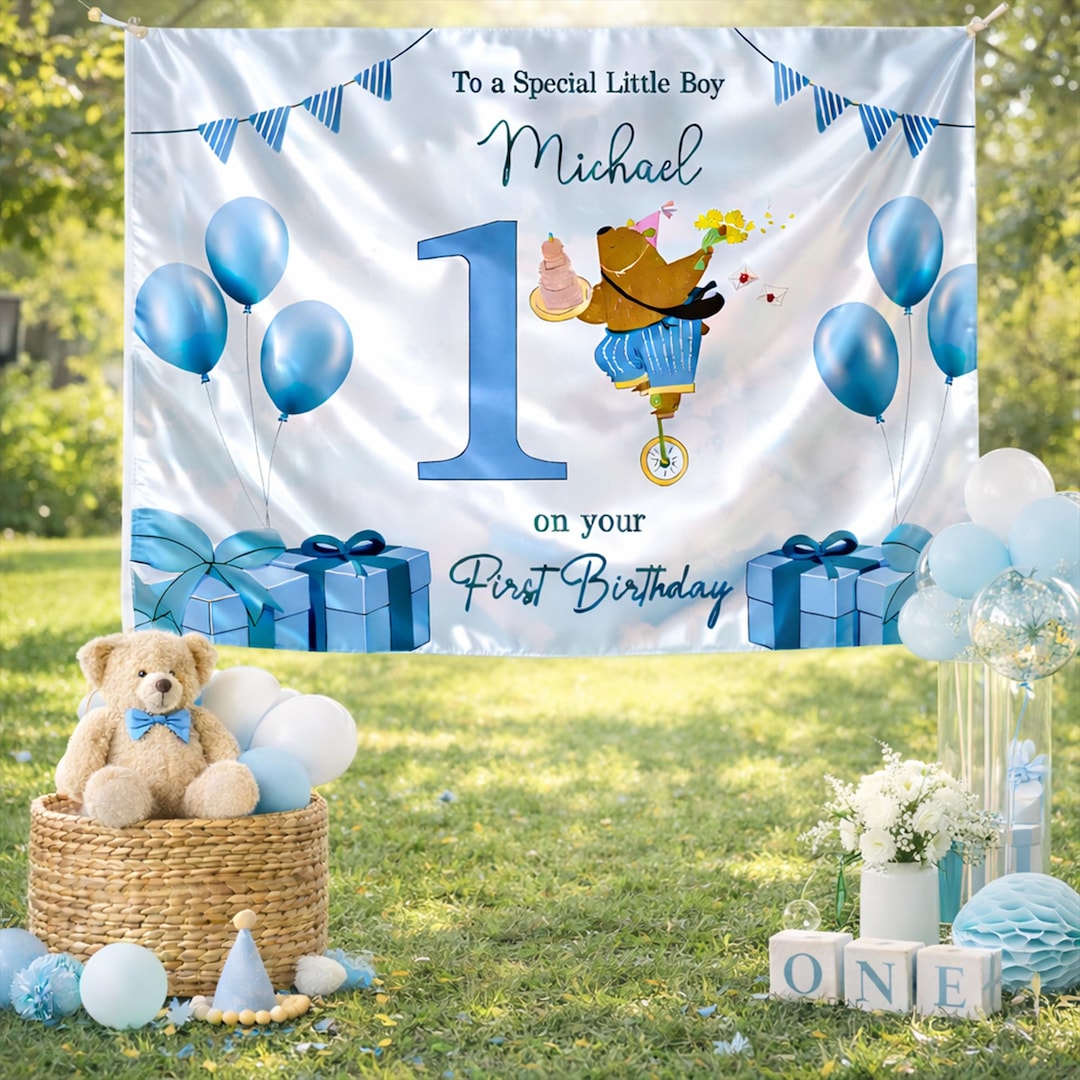 Personalized Bear First 1st Birthday Silk Banner, Boy Birthday Party ...