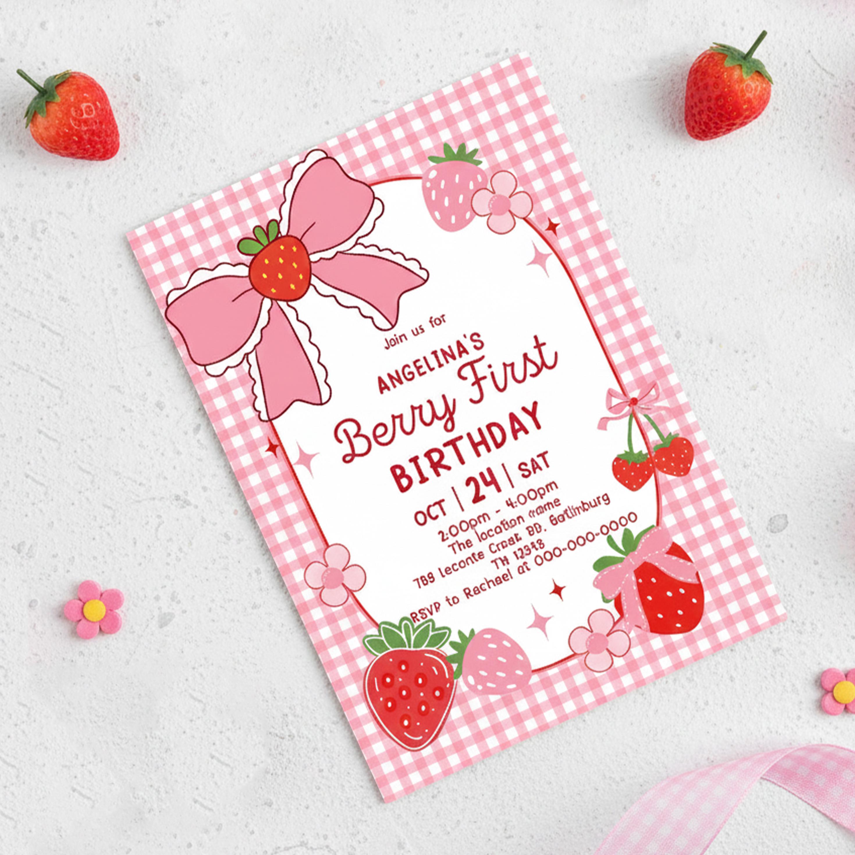 Strawberry First Birthday Invitation With Pink Bow, Sweet Berry Baby ...
