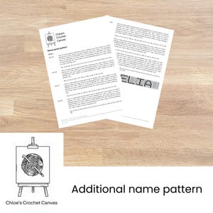May include: Two white sheets of paper featuring a crochet pattern titled Chloe's Crochet Canvas. The text includes detailed row-by-row instructions for a name panel, a small graphic of a yarn ball on an easel, and a grid-based visual chart.