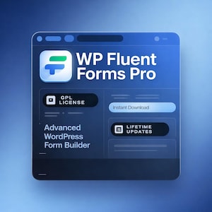 Puede incluir: Un gráfico digital con el texto "WP Fluent Forms Pro" y un logotipo con un diseño azul y verde. El gráfico también incluye el texto "GPL LICENSE", "Instant Download", "LIFETIME UPDATES" y "Advanced WordPress Form Builder".
