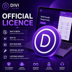 Può includere: Una grafica viola per la licenza ufficiale Divi Theme che mostra un portatile con l'interfaccia Divi Builder. Il testo include Divi 5 Beta, Divi AI, Divi Builder, Official API Key e Lifetime Update, insieme a icone di supporto tecnico.